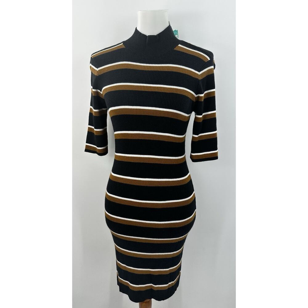 Sanctuary Mock Neck Stripe Rib Knit Midi Dress Black Brown White Size M NWT - Picture 2 of 10